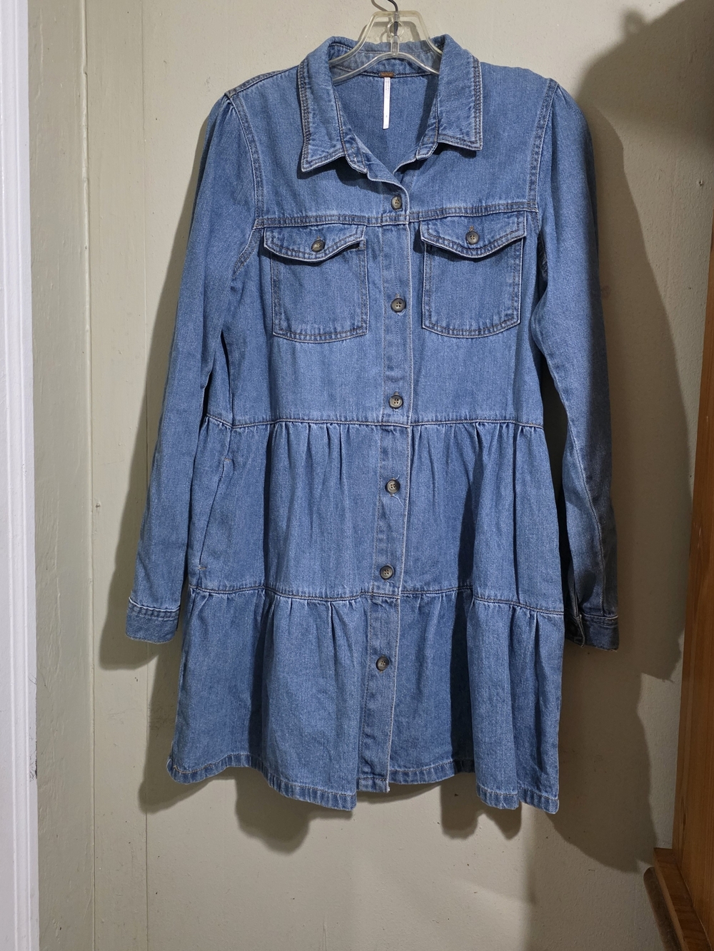 Free People Medium Blue Denim Tiered Button-Front Dress Used Size S
